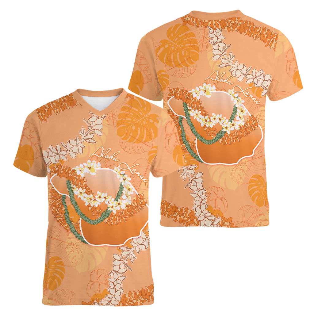 Hawaii Lanai Island Flowers Lei Women V-Neck T-Shirt Orange Kaunaoa Mix Maile LT7 - Polynesian Pride