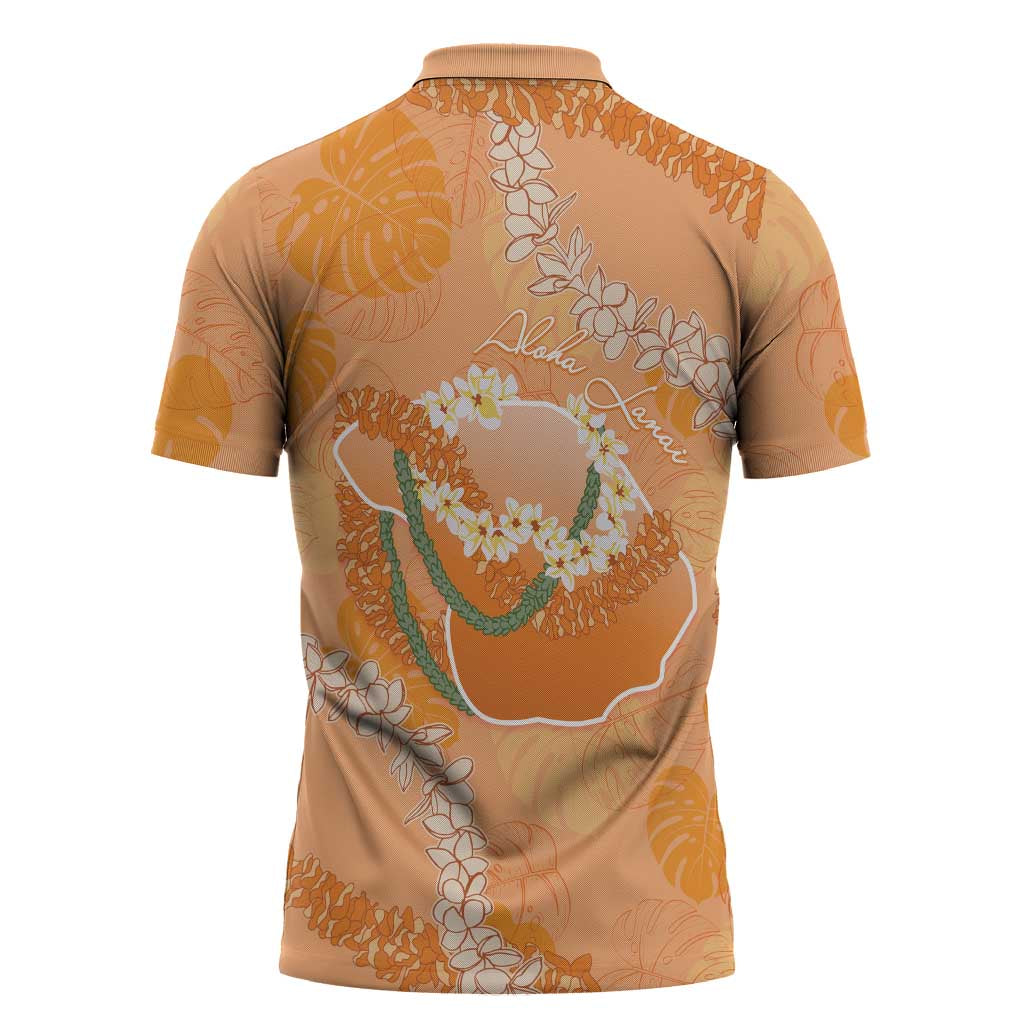 Hawaii Lanai Island Flowers Lei Zipper Polo Shirt Orange Kaunaoa Mix Maile LT7 - Polynesian Pride