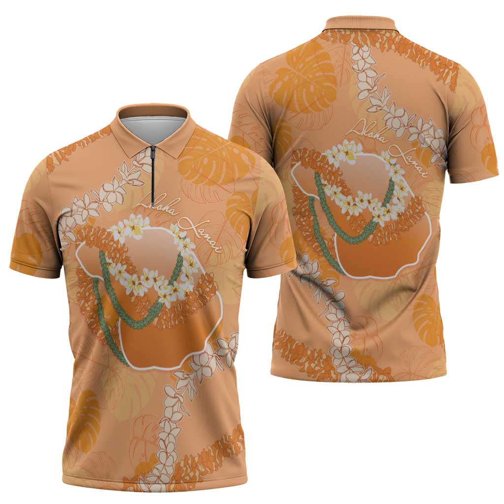 Hawaii Lanai Island Flowers Lei Zipper Polo Shirt Orange Kaunaoa Mix Maile LT7 - Polynesian Pride