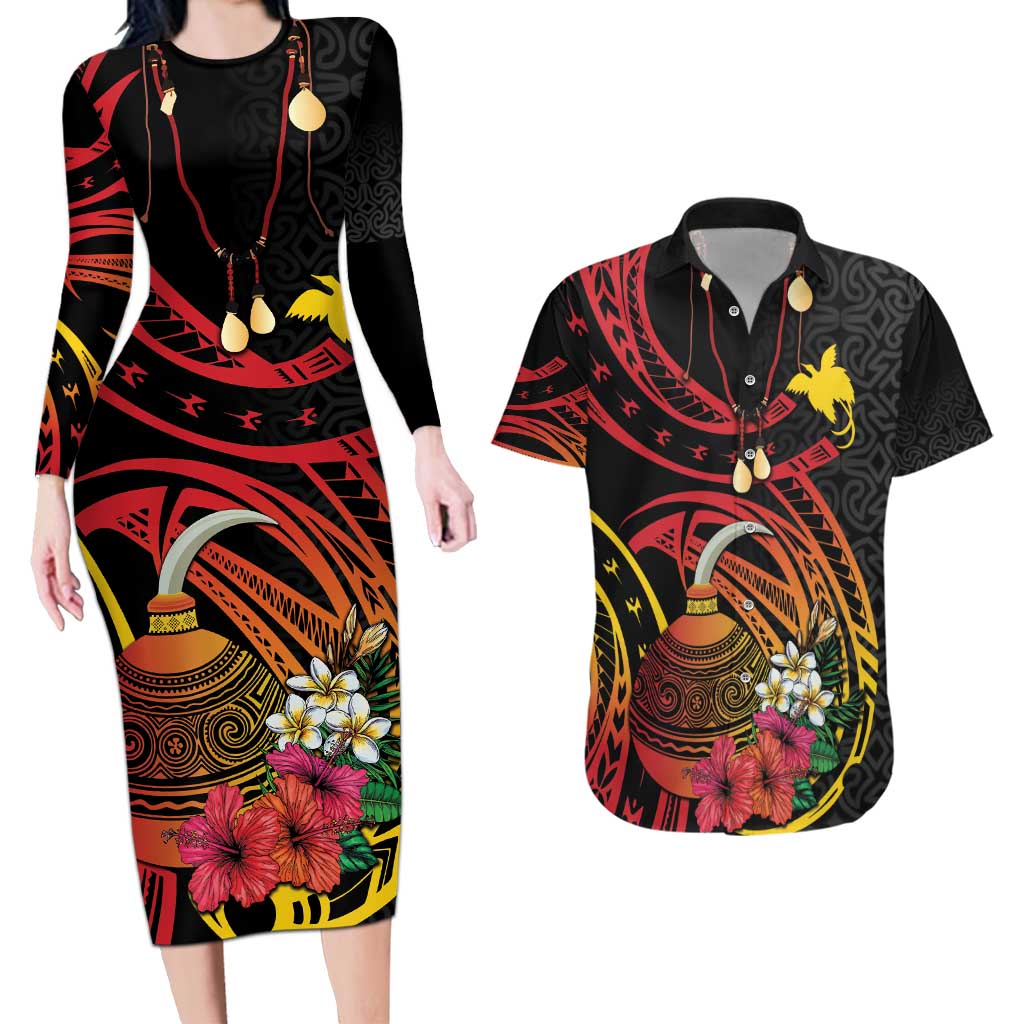 Personalized Milne Bay Couples Matching Long Sleeve Bodycon Dress and Hawaiian Shirt PNG Lime Pot with Oro Tapa LT7 Black - Polynesian Pride