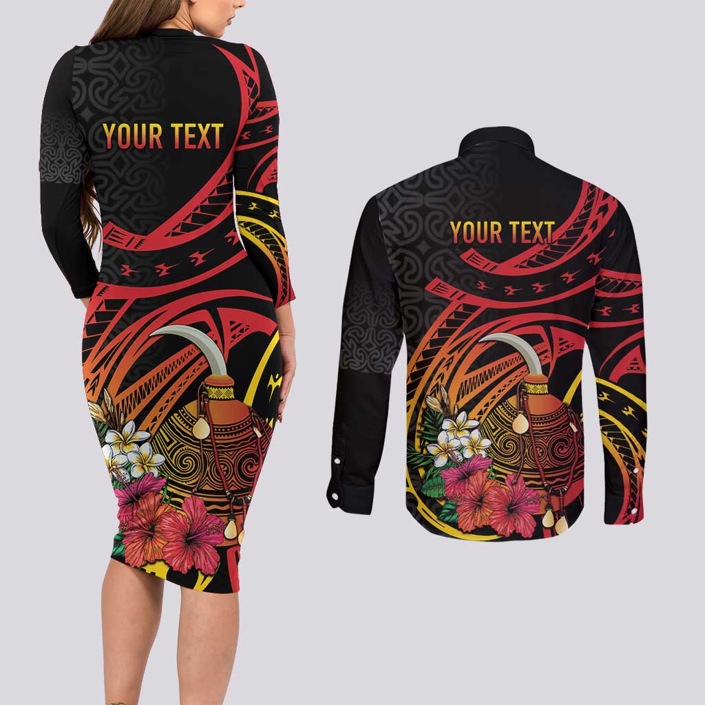 Personalized Milne Bay Couples Matching Long Sleeve Bodycon Dress and Long Sleeve Button Shirt PNG Lime Pot with Oro Tapa LT7 - Polynesian Pride