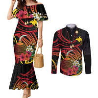 Personalized Milne Bay Couples Matching Mermaid Dress and Long Sleeve Button Shirt PNG Lime Pot with Oro Tapa LT7 Black - Polynesian Pride
