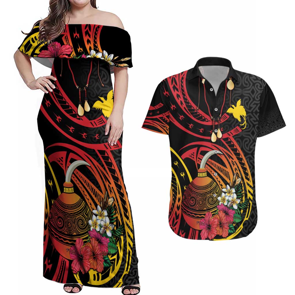 Personalized Milne Bay Couples Matching Off Shoulder Maxi Dress and Hawaiian Shirt PNG Lime Pot with Oro Tapa LT7 Black - Polynesian Pride