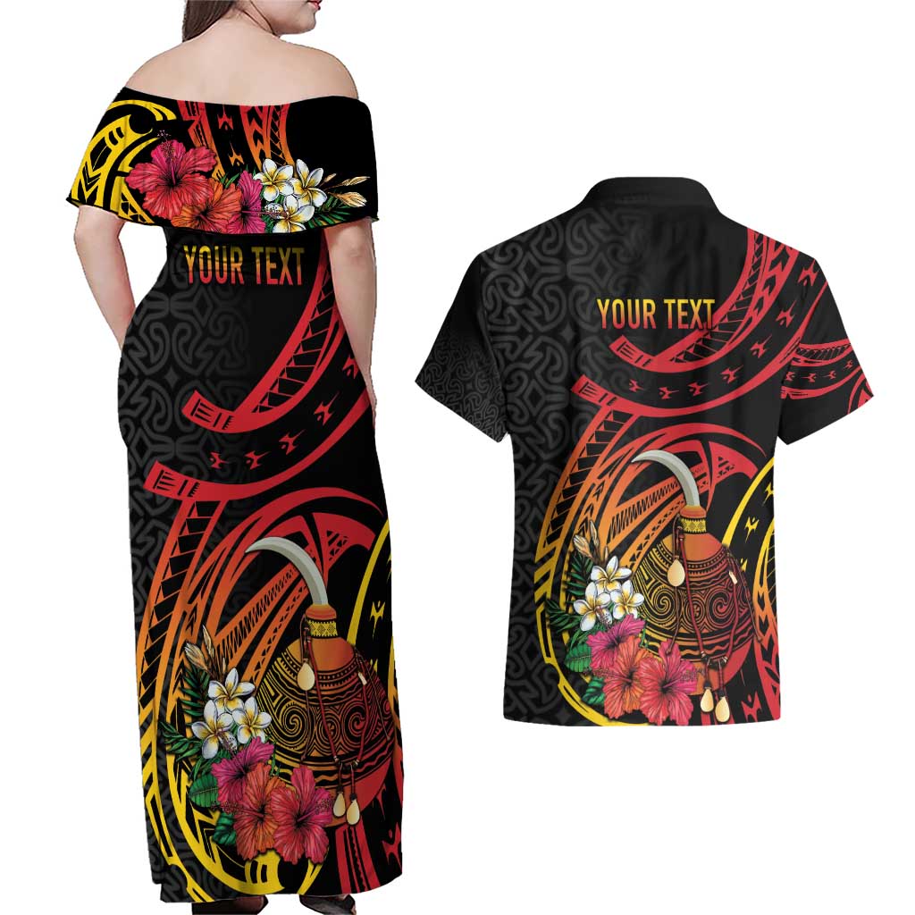 Personalized Milne Bay Couples Matching Off Shoulder Maxi Dress and Hawaiian Shirt PNG Lime Pot with Oro Tapa LT7 - Polynesian Pride