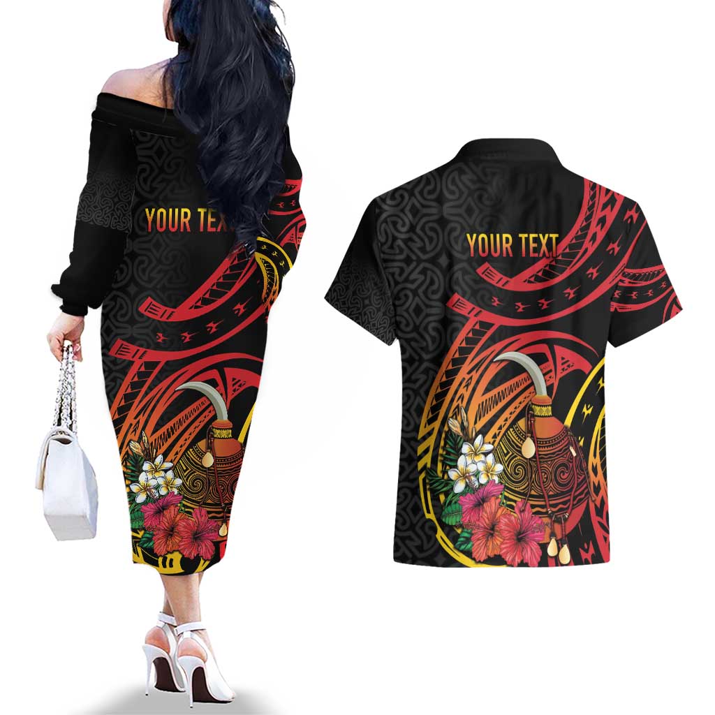 Personalized Milne Bay Couples Matching Off The Shoulder Long Sleeve Dress and Hawaiian Shirt PNG Lime Pot with Oro Tapa LT7 - Polynesian Pride