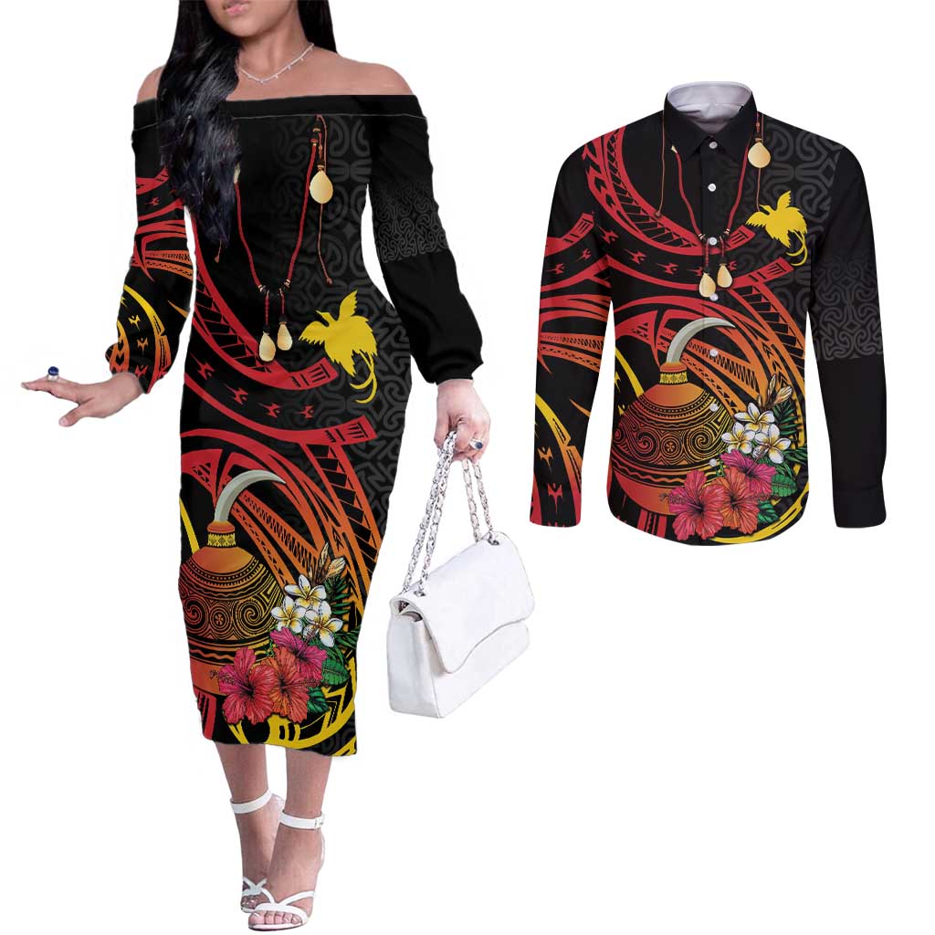 Personalized Milne Bay Couples Matching Off The Shoulder Long Sleeve Dress and Long Sleeve Button Shirt PNG Lime Pot with Oro Tapa LT7 Black - Polynesian Pride