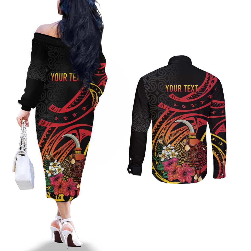 Personalized Milne Bay Couples Matching Off The Shoulder Long Sleeve Dress and Long Sleeve Button Shirt PNG Lime Pot with Oro Tapa LT7 - Polynesian Pride