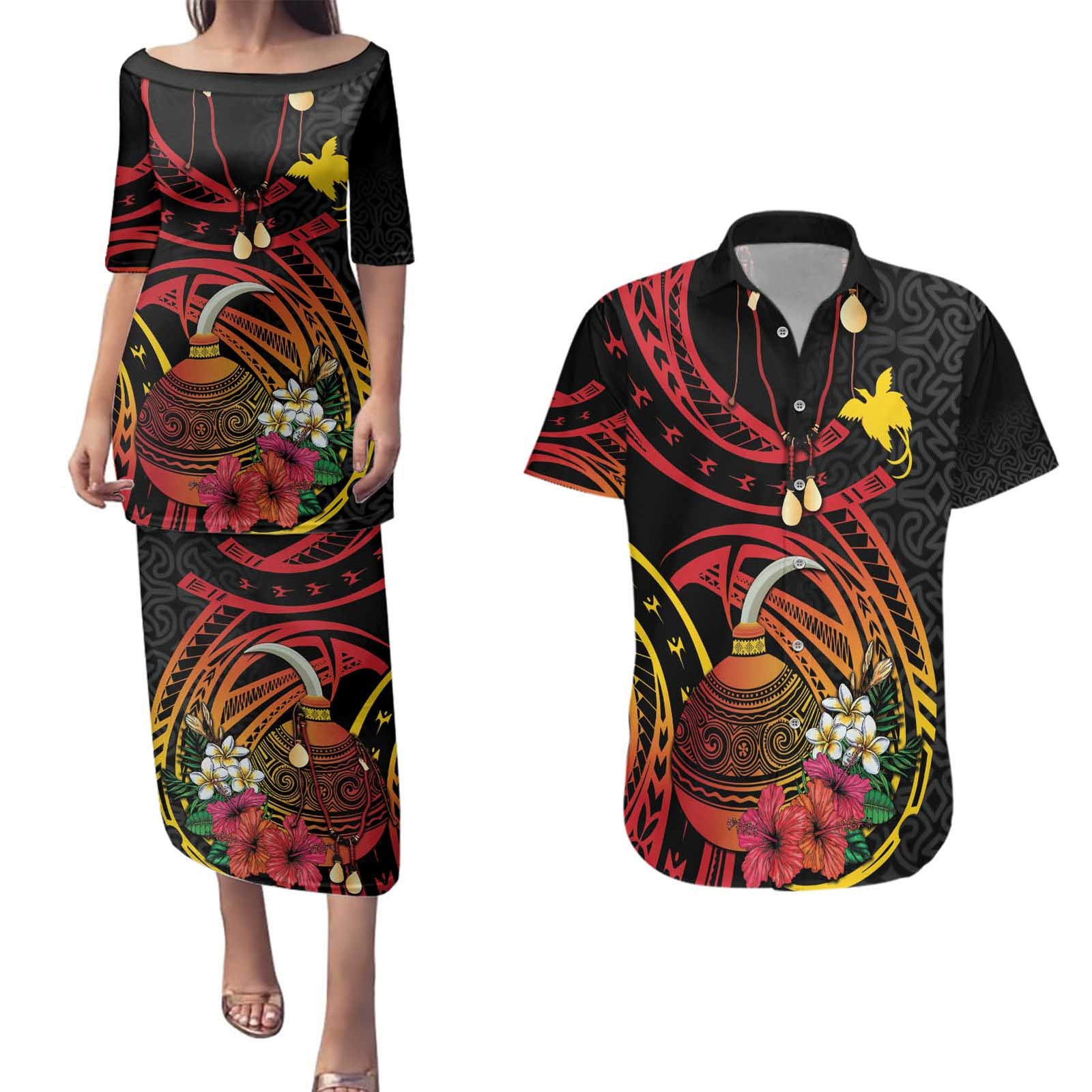 Personalized Milne Bay Couples Matching Puletasi and Hawaiian Shirt PNG Lime Pot with Oro Tapa