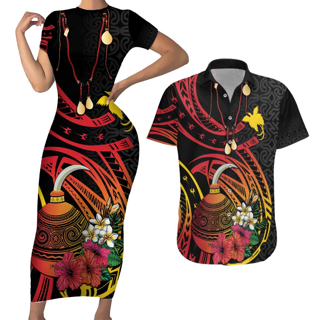 Personalized Milne Bay Couples Matching Short Sleeve Bodycon Dress and Hawaiian Shirt PNG Lime Pot with Oro Tapa LT7 Black - Polynesian Pride