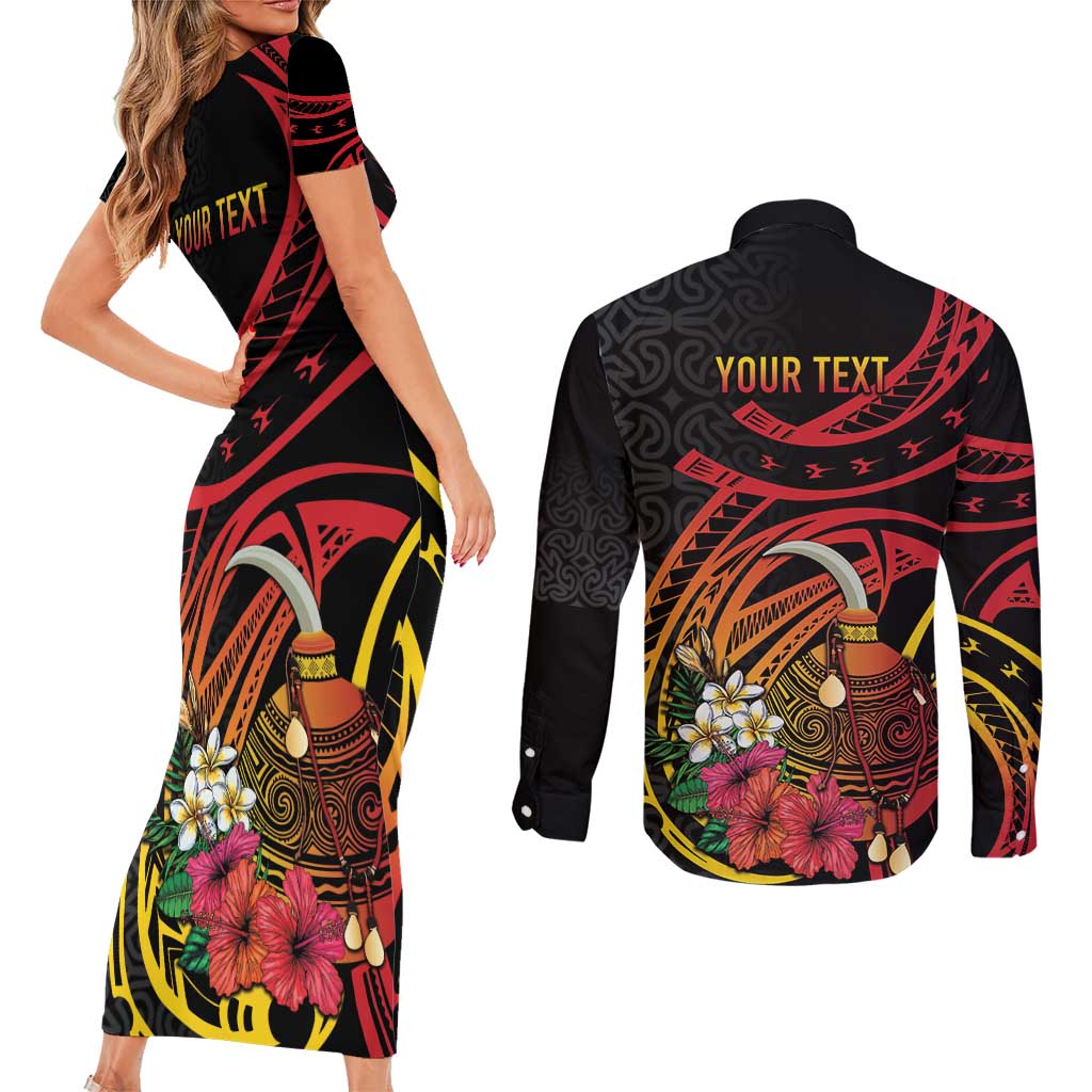 Personalized Milne Bay Couples Matching Short Sleeve Bodycon Dress and Long Sleeve Button Shirt PNG Lime Pot with Oro Tapa LT7 - Polynesian Pride
