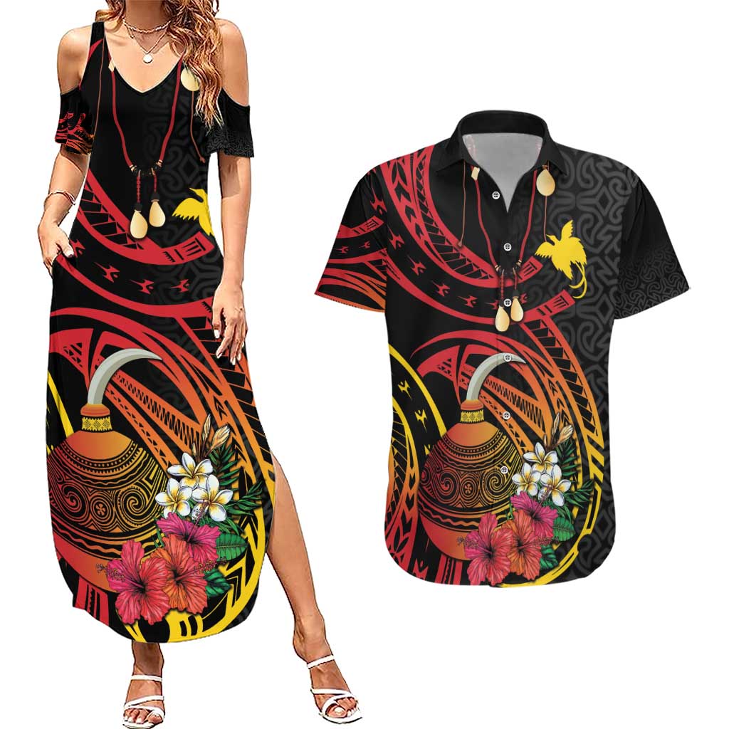 Personalized Milne Bay Couples Matching Summer Maxi Dress and Hawaiian Shirt PNG Lime Pot with Oro Tapa LT7 Black - Polynesian Pride