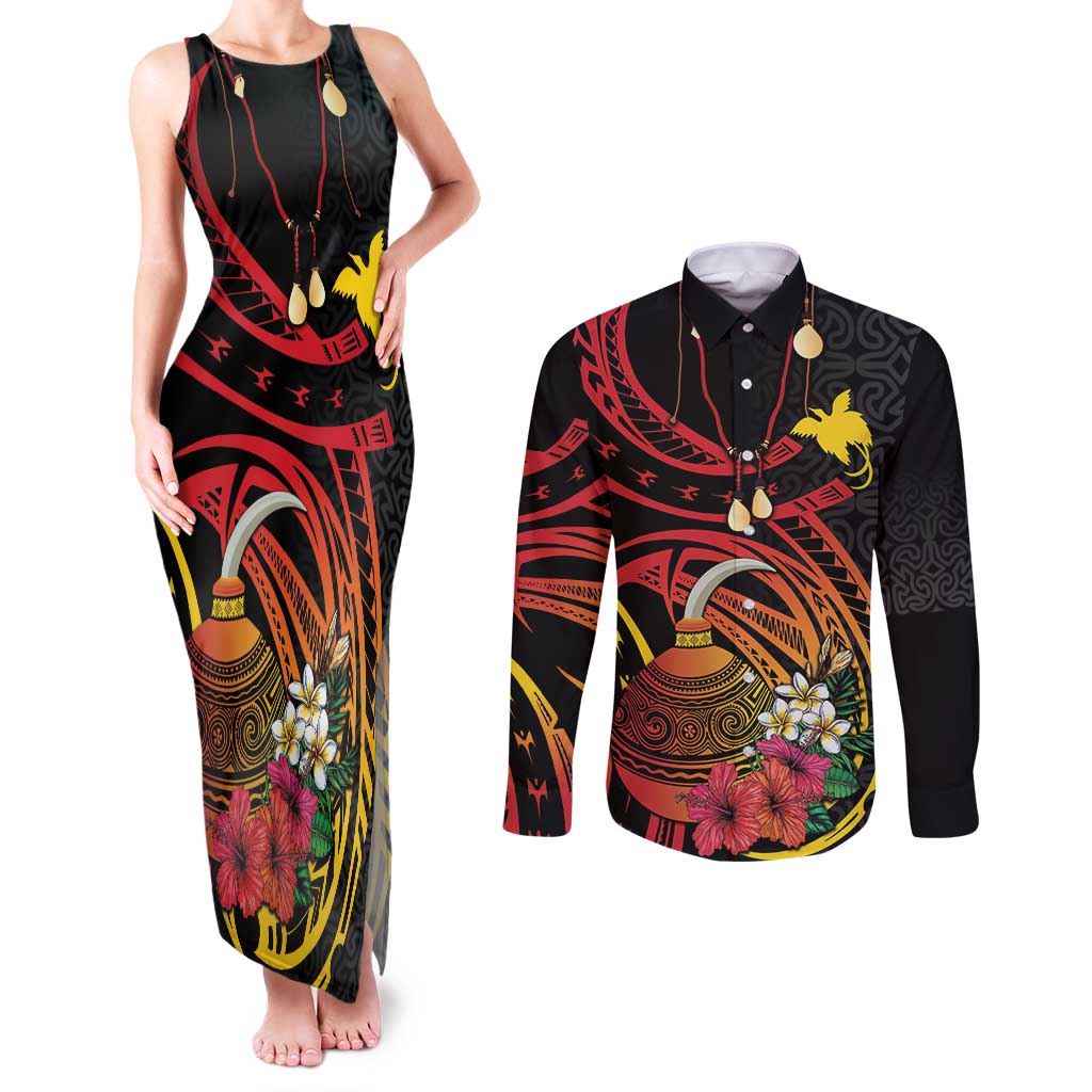 Personalized Milne Bay Couples Matching Tank Maxi Dress and Long Sleeve Button Shirt PNG Lime Pot with Oro Tapa
