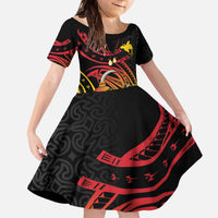 Personalized Milne Bay Family Matching Off The Shoulder Long Sleeve Dress and Hawaiian Shirt PNG Lime Pot with Oro Tapa LT7 Daughter's Dress Black - Polynesian Pride