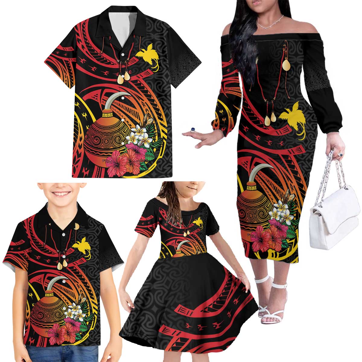 Personalized Milne Bay Family Matching Off The Shoulder Long Sleeve Dress and Hawaiian Shirt PNG Lime Pot with Oro Tapa LT7 - Polynesian Pride