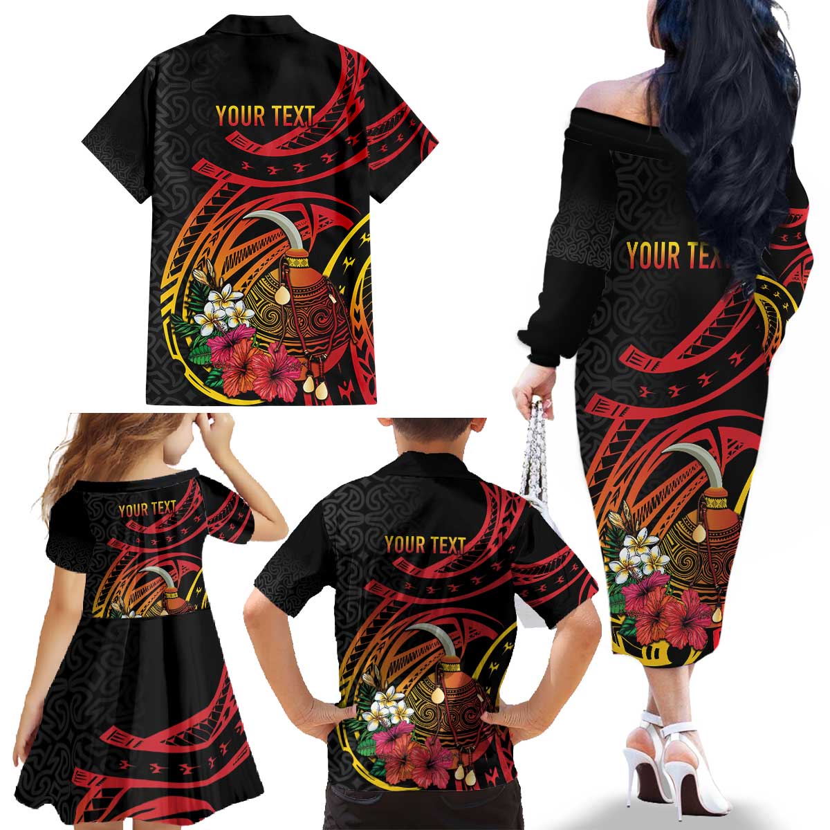 Personalized Milne Bay Family Matching Off The Shoulder Long Sleeve Dress and Hawaiian Shirt PNG Lime Pot with Oro Tapa LT7 - Polynesian Pride