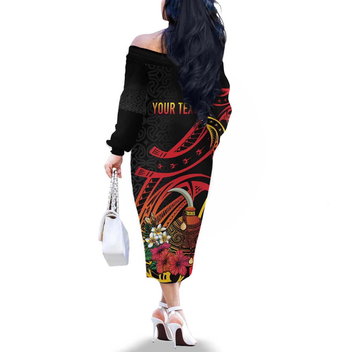 Personalized Milne Bay Family Matching Off The Shoulder Long Sleeve Dress and Hawaiian Shirt PNG Lime Pot with Oro Tapa LT7 - Polynesian Pride