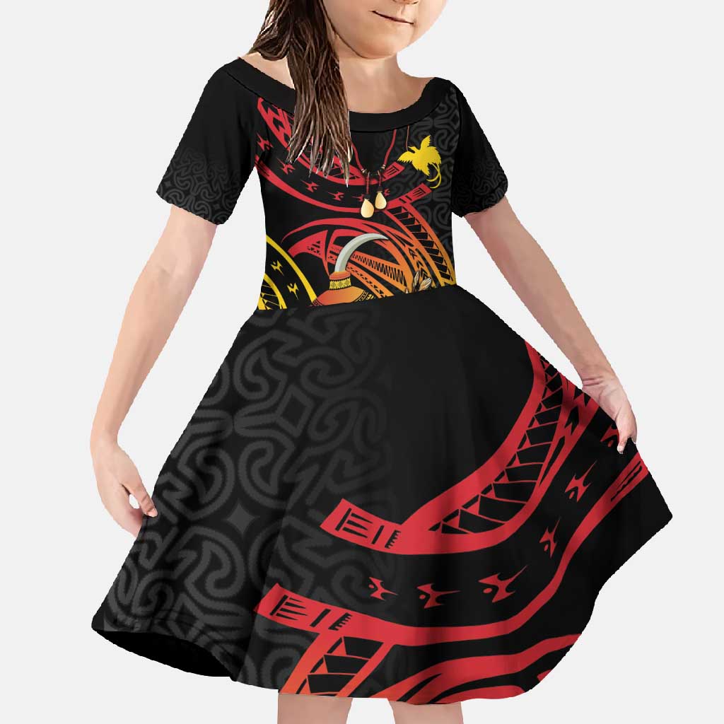Personalized Milne Bay Family Matching Off Shoulder Maxi Dress and Hawaiian Shirt PNG Lime Pot with Oro Tapa LT7 Daughter's Dress Black - Polynesian Pride