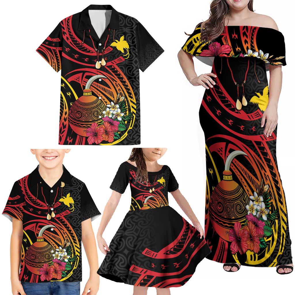 Personalized Milne Bay Family Matching Off Shoulder Maxi Dress and Hawaiian Shirt PNG Lime Pot with Oro Tapa LT7 - Polynesian Pride