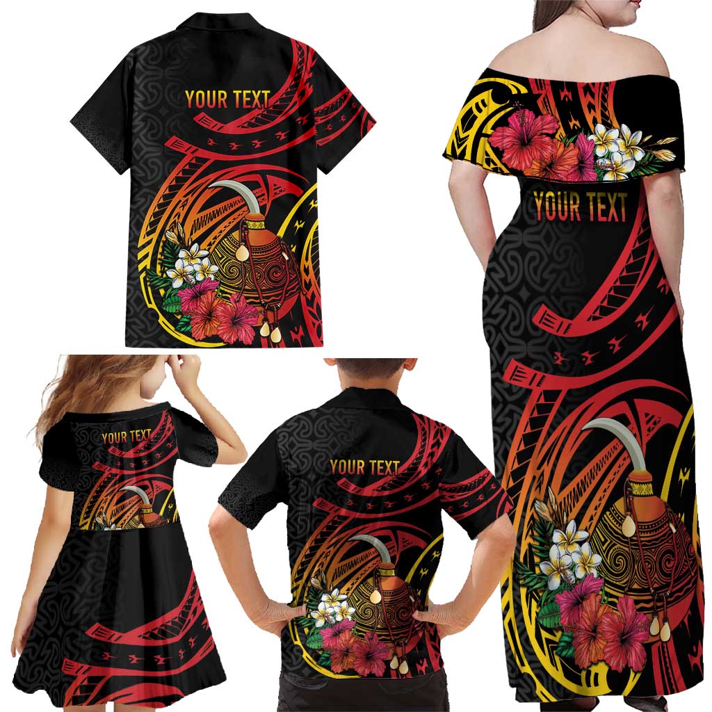 Personalized Milne Bay Family Matching Off Shoulder Maxi Dress and Hawaiian Shirt PNG Lime Pot with Oro Tapa LT7 - Polynesian Pride