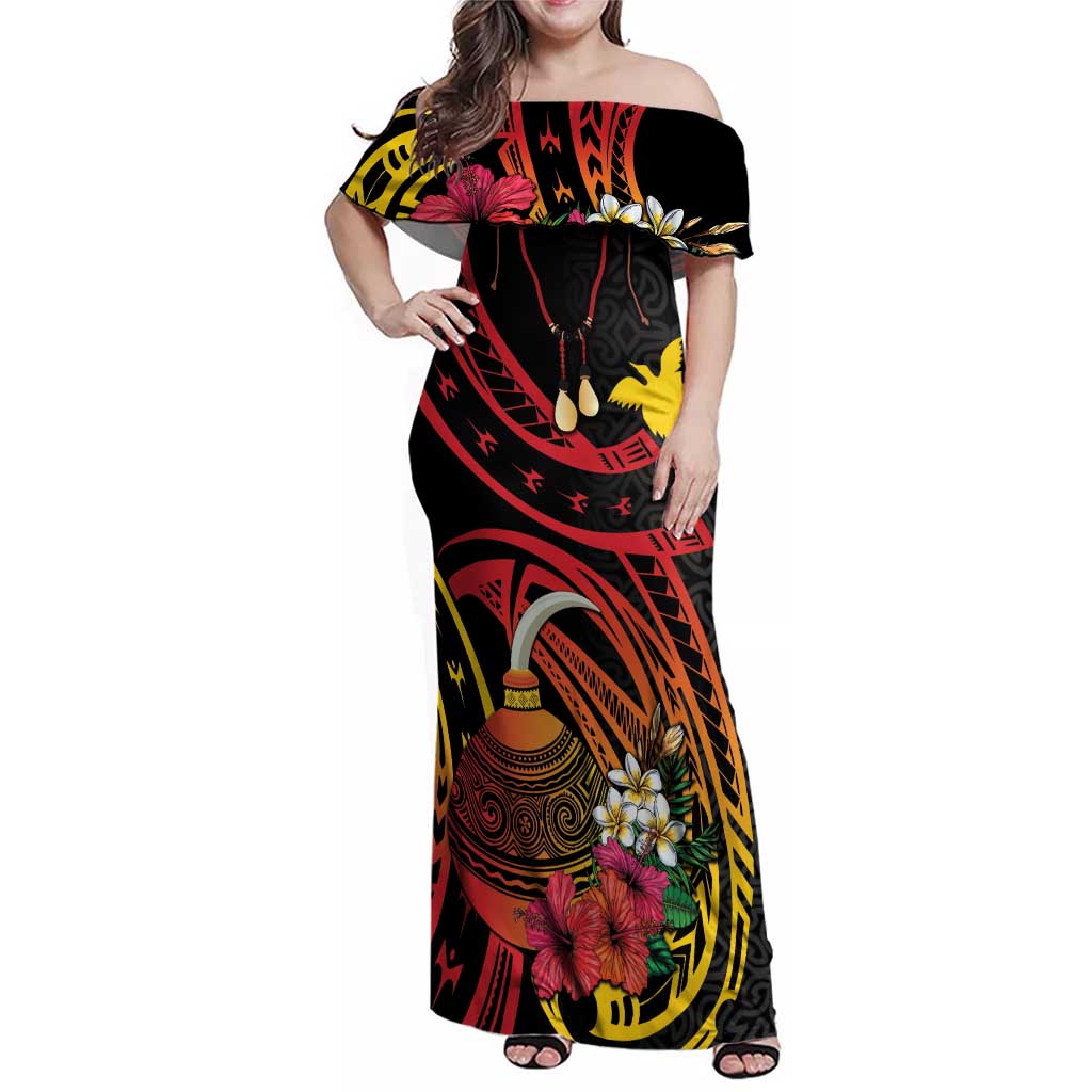 Personalized Milne Bay Family Matching Off Shoulder Maxi Dress and Hawaiian Shirt PNG Lime Pot with Oro Tapa LT7 Mom's Dress Black - Polynesian Pride