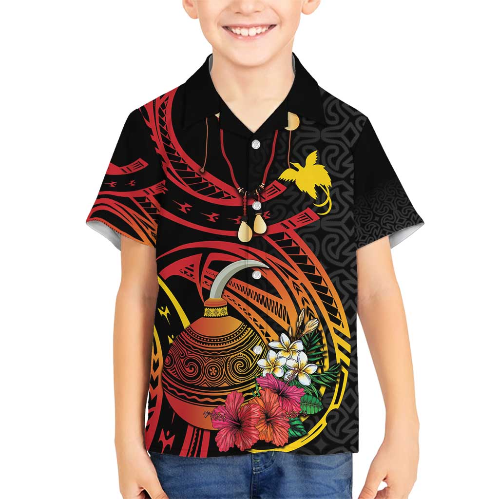 Personalized Milne Bay Family Matching Off Shoulder Maxi Dress and Hawaiian Shirt PNG Lime Pot with Oro Tapa LT7 Son's Shirt Black - Polynesian Pride