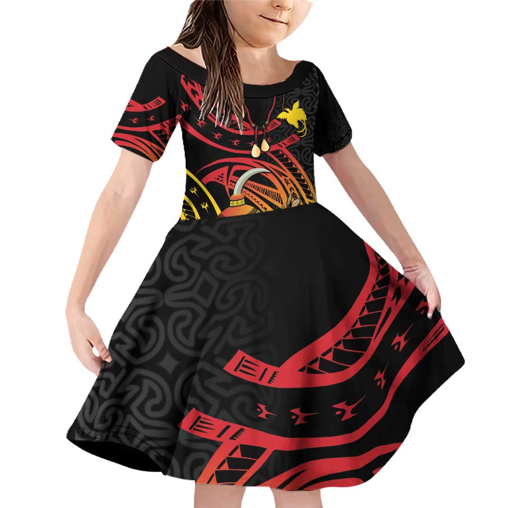 Personalized Milne Bay Family Matching Off Shoulder Short Dress and Hawaiian Shirt PNG Lime Pot with Oro Tapa LT7 Daughter's Dress Black - Polynesian Pride