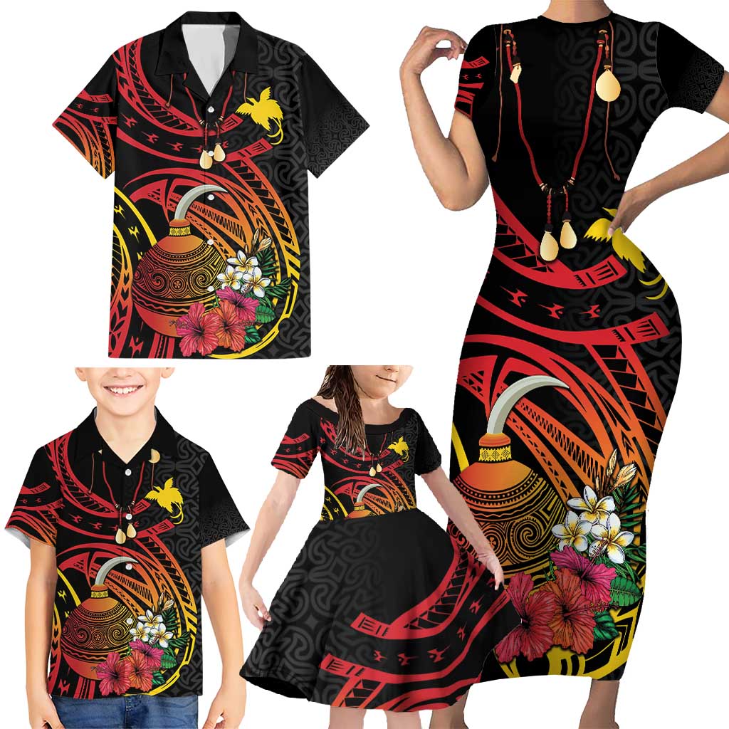 Personalized Milne Bay Family Matching Short Sleeve Bodycon Dress and Hawaiian Shirt PNG Lime Pot with Oro Tapa