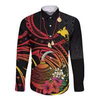 Personalized Milne Bay Long Sleeve Button Shirt PNG Lime Pot with Oro Tapa LT7 Unisex Black - Polynesian Pride