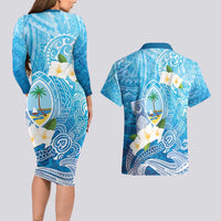 Hafa Adai Guam Chamorro Personalized Couples Matching Long Sleeve Bodycon Dress and Hawaiian Shirt Ocean Blue Latte Stone with Guasali LT7 - Polynesian Pride