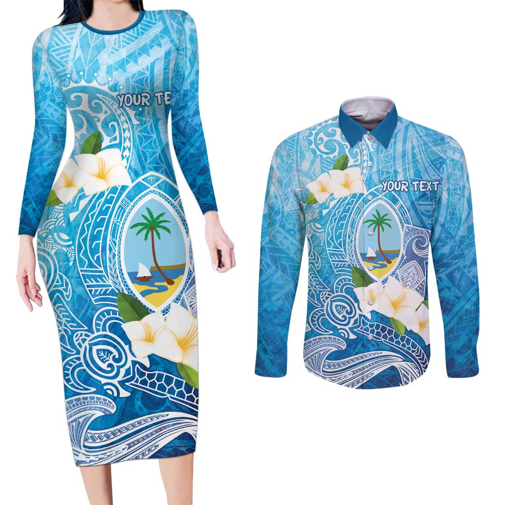 Hafa Adai Guam Chamorro Personalized Couples Matching Long Sleeve Bodycon Dress and Long Sleeve Button Shirt Ocean Blue Latte Stone with Guasali LT7 Ocean Blue - Polynesian Pride