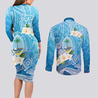 Hafa Adai Guam Chamorro Personalized Couples Matching Long Sleeve Bodycon Dress and Long Sleeve Button Shirt Ocean Blue Latte Stone with Guasali LT7 - Polynesian Pride