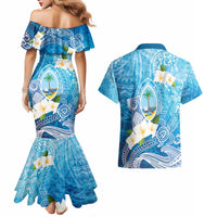Hafa Adai Guam Chamorro Personalized Couples Matching Mermaid Dress and Hawaiian Shirt Ocean Blue Latte Stone with Guasali LT7 - Polynesian Pride