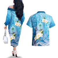 Hafa Adai Guam Chamorro Personalized Couples Matching Off The Shoulder Long Sleeve Dress and Hawaiian Shirt Ocean Blue Latte Stone with Guasali LT7 - Polynesian Pride