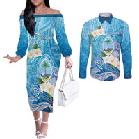 Hafa Adai Guam Chamorro Personalized Couples Matching Off The Shoulder Long Sleeve Dress and Long Sleeve Button Shirt Ocean Blue Latte Stone with Guasali LT7 Ocean Blue - Polynesian Pride