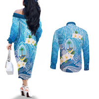 Hafa Adai Guam Chamorro Personalized Couples Matching Off The Shoulder Long Sleeve Dress and Long Sleeve Button Shirt Ocean Blue Latte Stone with Guasali LT7 - Polynesian Pride