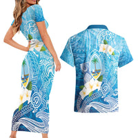 Hafa Adai Guam Chamorro Personalized Couples Matching Short Sleeve Bodycon Dress and Hawaiian Shirt Ocean Blue Latte Stone with Guasali LT7 - Polynesian Pride