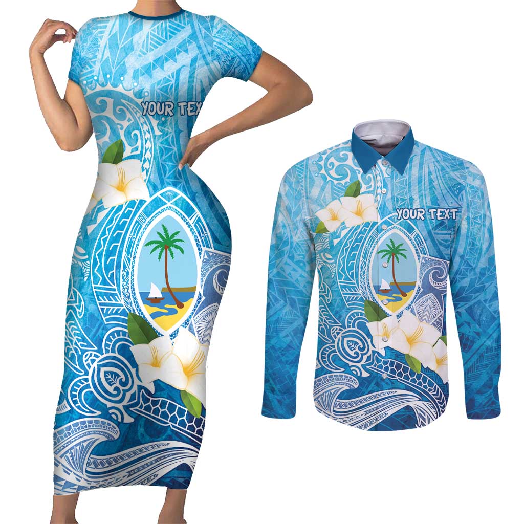 Hafa Adai Guam Chamorro Personalized Couples Matching Short Sleeve Bodycon Dress and Long Sleeve Button Shirt Ocean Blue Latte Stone with Guasali LT7 Ocean Blue - Polynesian Pride
