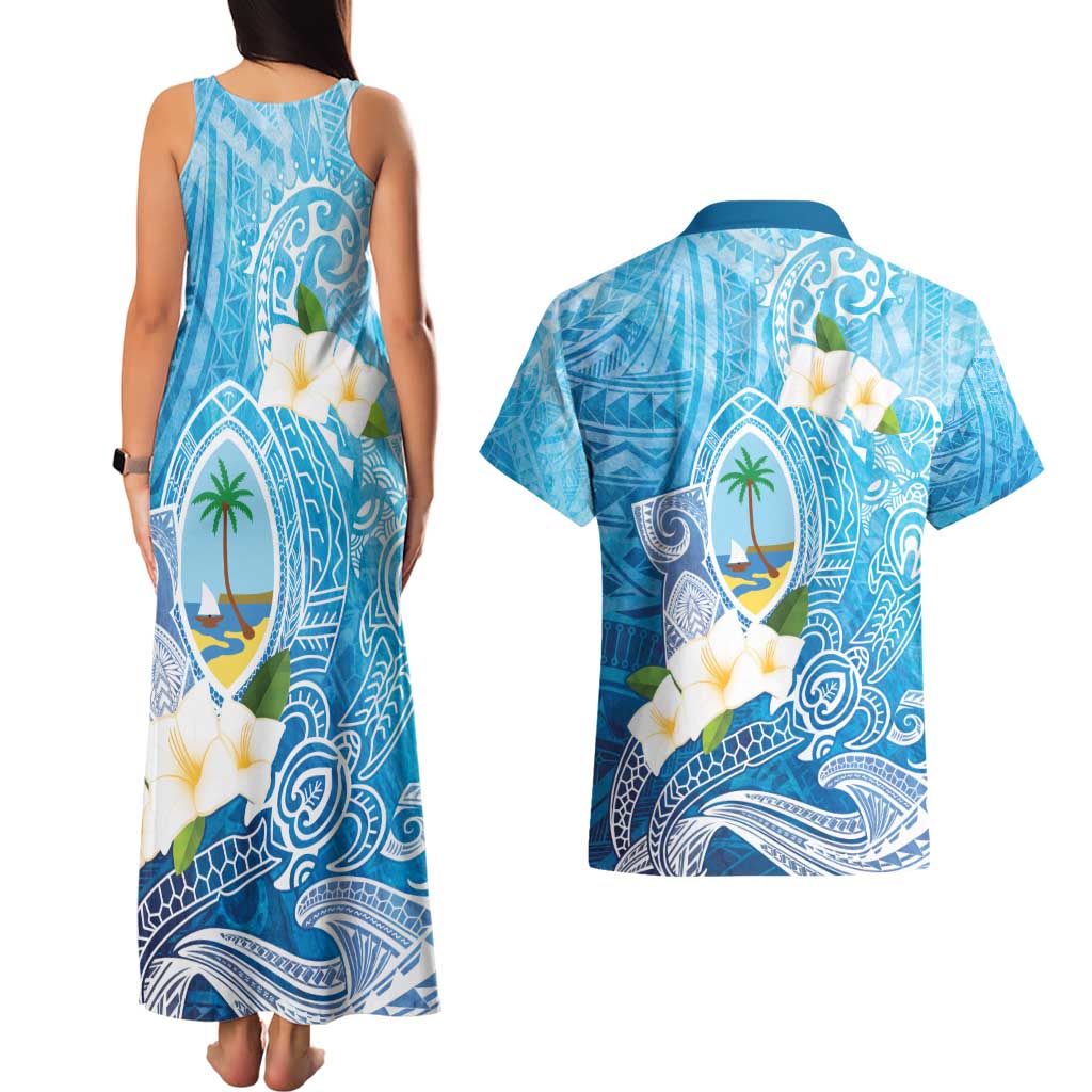 Hafa Adai Guam Chamorro Personalized Couples Matching Tank Maxi Dress and Hawaiian Shirt Ocean Blue Latte Stone with Guasali LT7 - Polynesian Pride