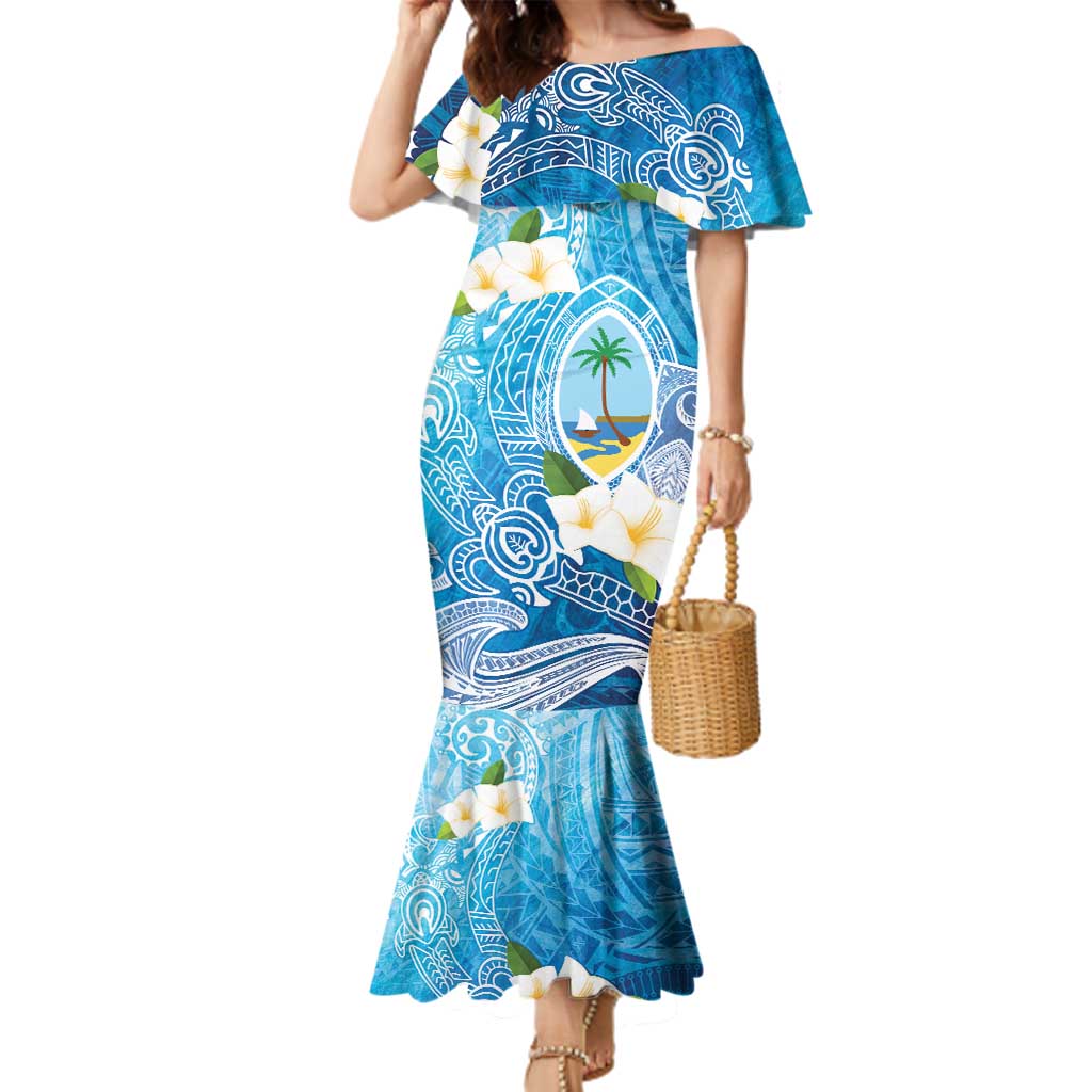 Hafa Adai Guam Chamorro Personalized Family Matching Mermaid Dress and Hawaiian Shirt Ocean Blue Latte Stone with Guasali LT7 Mom's Dress Ocean Blue - Polynesian Pride