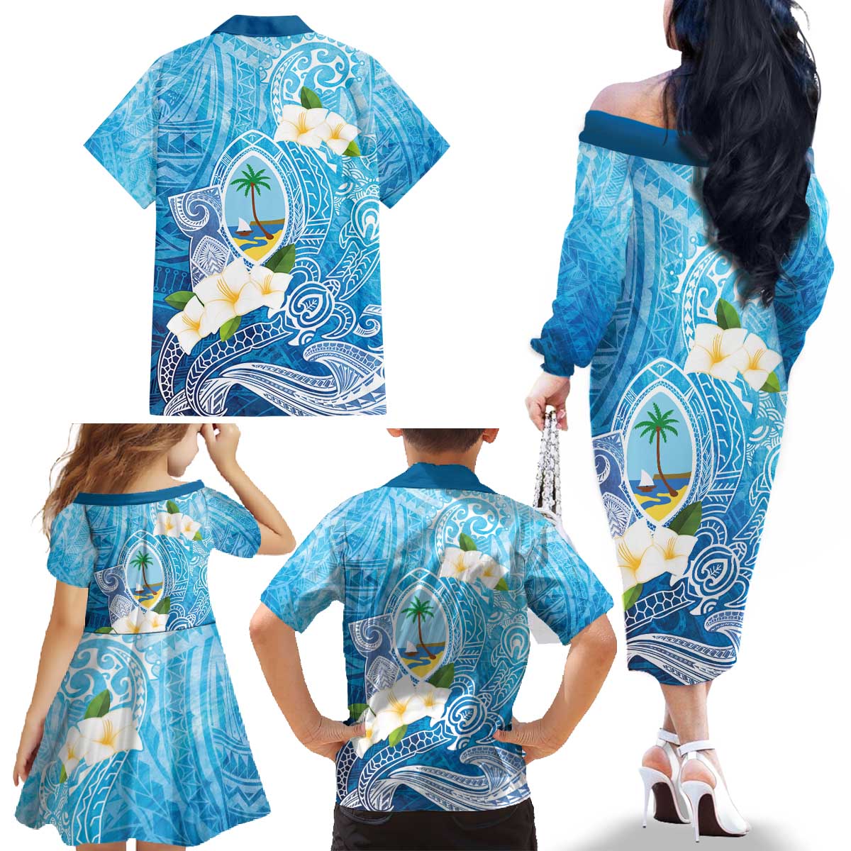 Hafa Adai Guam Chamorro Personalized Family Matching Off The Shoulder Long Sleeve Dress and Hawaiian Shirt Ocean Blue Latte Stone with Guasali LT7 - Polynesian Pride