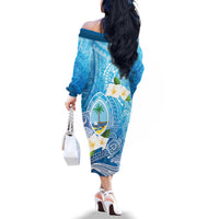 Hafa Adai Guam Chamorro Personalized Family Matching Off The Shoulder Long Sleeve Dress and Hawaiian Shirt Ocean Blue Latte Stone with Guasali LT7 - Polynesian Pride