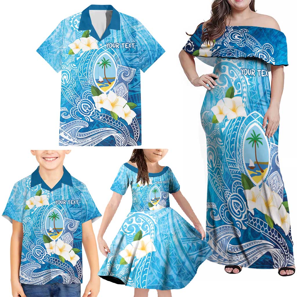 Hafa Adai Guam Chamorro Personalized Family Matching Off Shoulder Maxi Dress and Hawaiian Shirt Ocean Blue Latte Stone with Guasali LT7 - Polynesian Pride