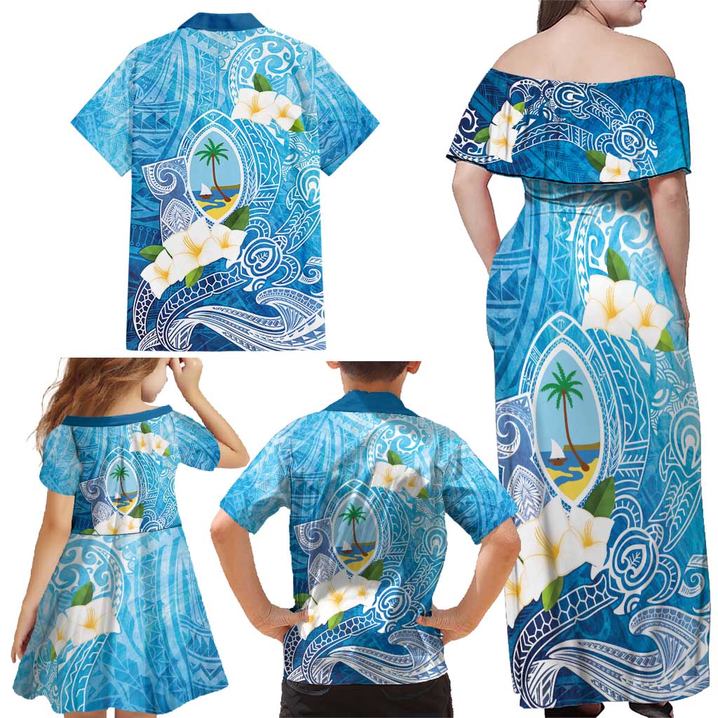 Hafa Adai Guam Chamorro Personalized Family Matching Off Shoulder Maxi Dress and Hawaiian Shirt Ocean Blue Latte Stone with Guasali LT7 - Polynesian Pride