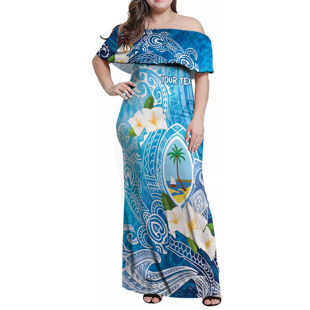 Hafa Adai Guam Chamorro Personalized Family Matching Off Shoulder Maxi Dress and Hawaiian Shirt Ocean Blue Latte Stone with Guasali LT7 Mom's Dress Ocean Blue - Polynesian Pride