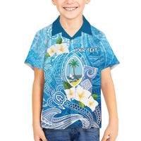 Hafa Adai Guam Chamorro Personalized Family Matching Off Shoulder Maxi Dress and Hawaiian Shirt Ocean Blue Latte Stone with Guasali LT7 Son's Shirt Ocean Blue - Polynesian Pride