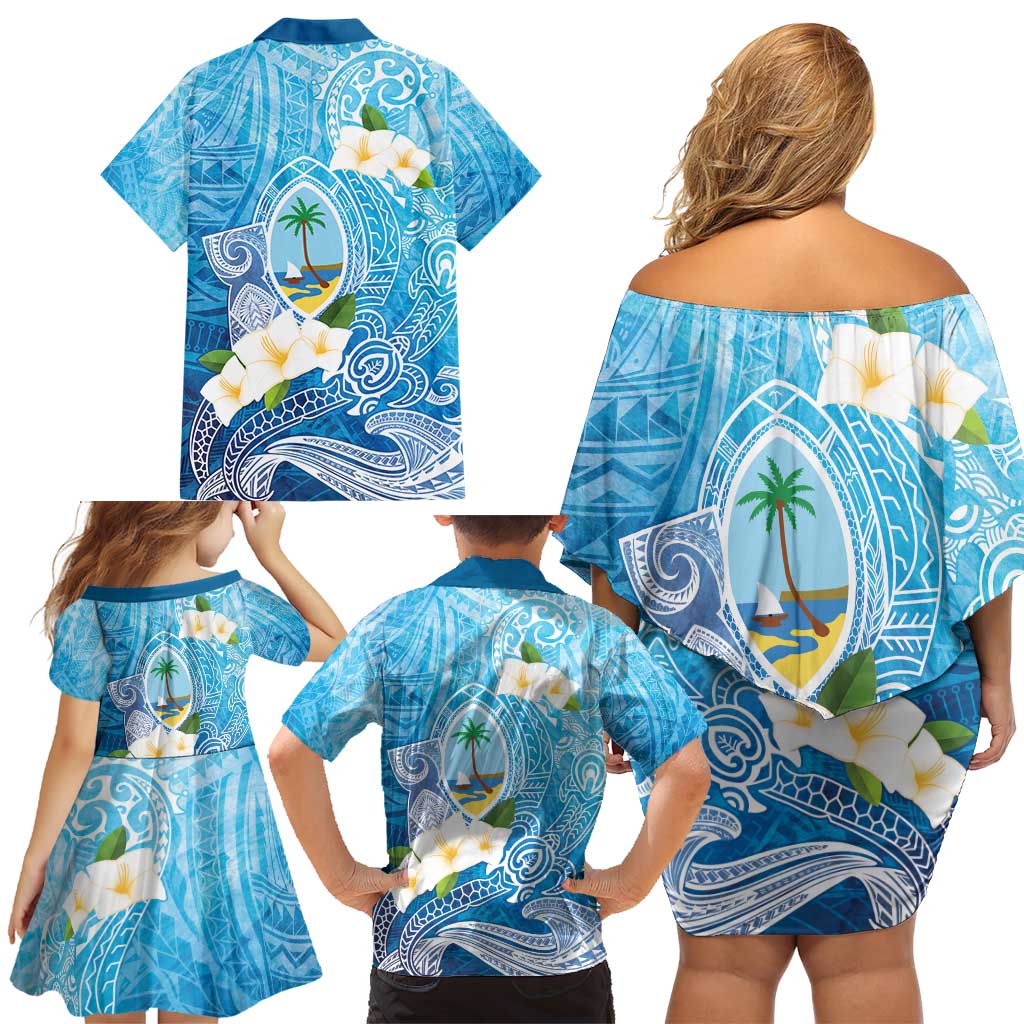 Hafa Adai Guam Chamorro Personalized Family Matching Off Shoulder Short Dress and Hawaiian Shirt Ocean Blue Latte Stone with Guasali LT7 - Polynesian Pride