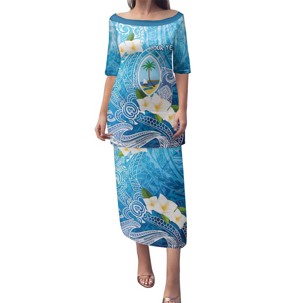 Hafa Adai Guam Chamorro Personalized Family Matching Puletasi and Hawaiian Shirt Ocean Blue Latte Stone with Guasali LT7 Mom's Dress Ocean Blue - Polynesian Pride