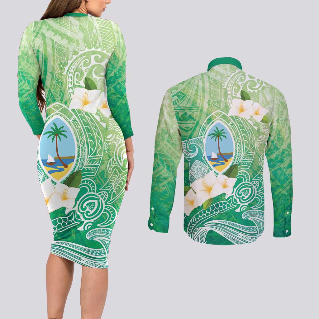 Hafa Adai Guam Chamorro Personalized Couples Matching Long Sleeve Bodycon Dress and Long Sleeve Button Shirt Summer Green Latte Stone with Guasali LT7 - Polynesian Pride