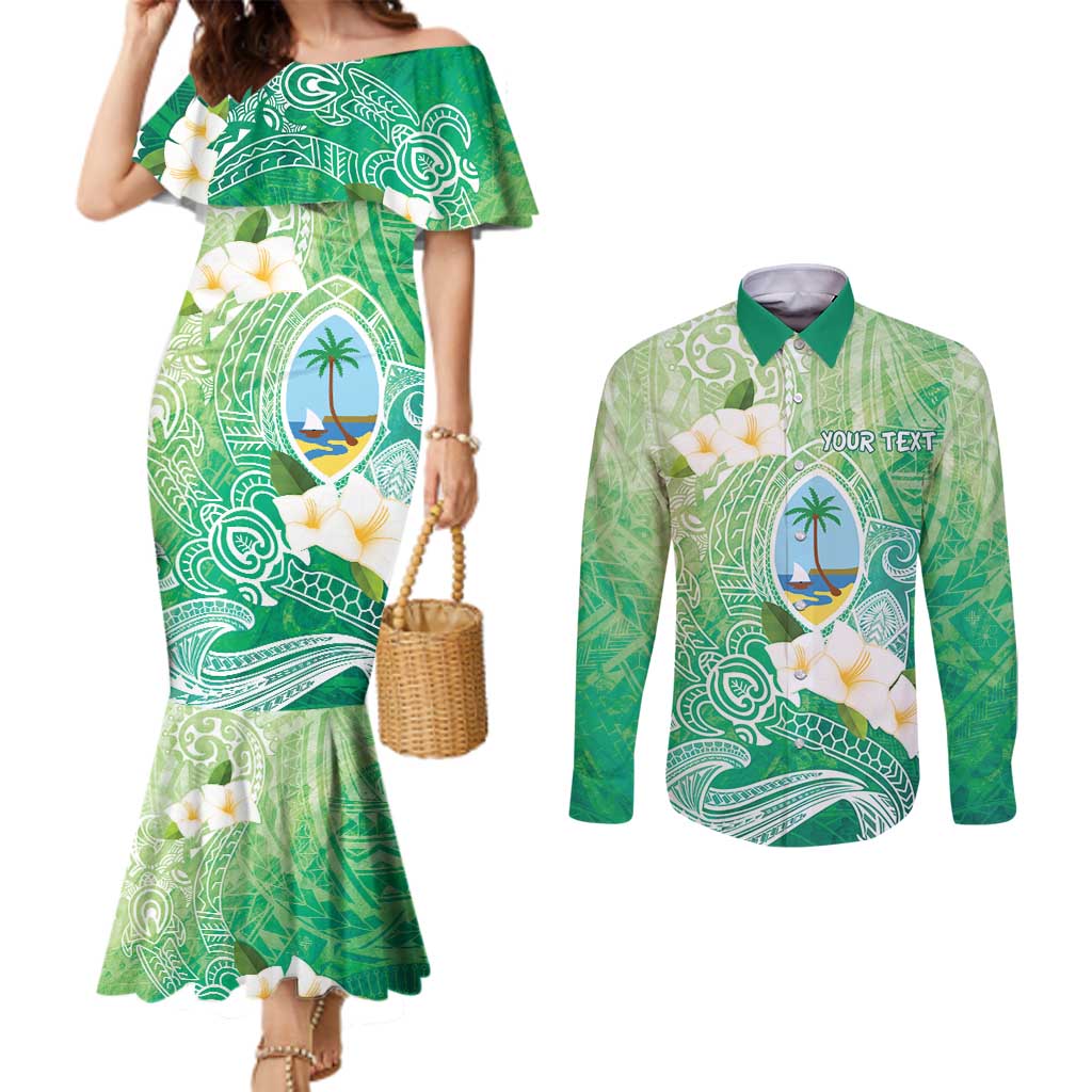 Hafa Adai Guam Chamorro Personalized Couples Matching Mermaid Dress and Long Sleeve Button Shirt Summer Green Latte Stone with Guasali LT7 Summer Green - Polynesian Pride