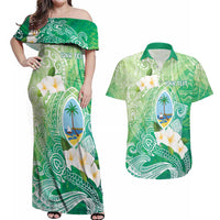 Hafa Adai Guam Chamorro Personalized Couples Matching Off Shoulder Maxi Dress and Hawaiian Shirt Summer Green Latte Stone with Guasali LT7 Summer Green - Polynesian Pride